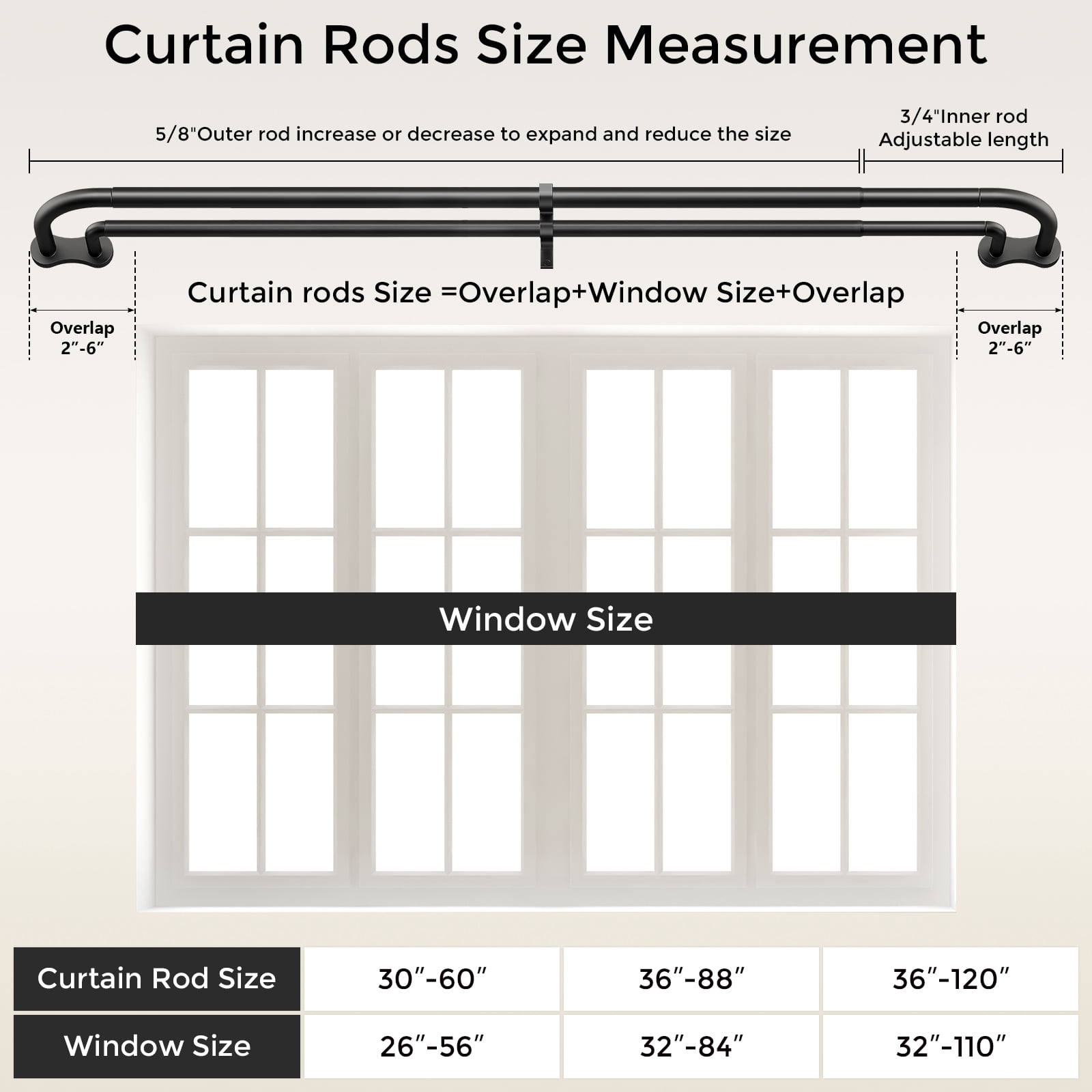 OLV Wrap Around Double Curtain Rods for Window,30-60 inch,Black