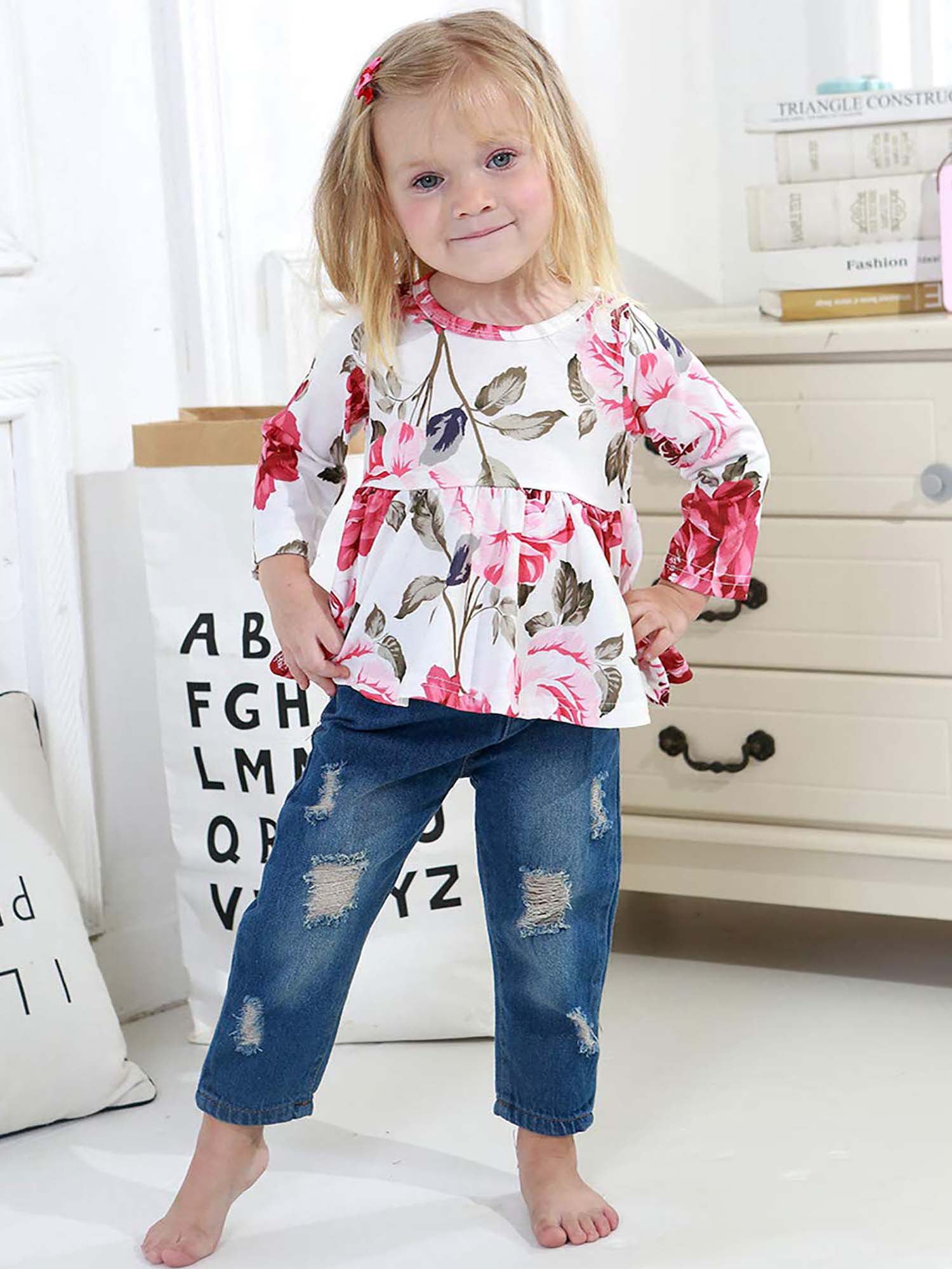 CARETOO Girl Clothes Outfits Toddler Baby Ruffle Sleeve Floral T-Shirt Tops Ripped Jeans Pants Set