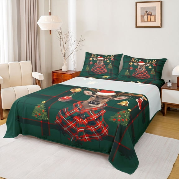 jejeloiu Cute Christmas Reindeer Twin Sheet Sets,Chic Xmas Tree Twin Fitted Sheet,Happy New Year Flat Sheet For Boys Girls,Twin Fitted Sheet,Super Cozy Room Decor,3-Piece