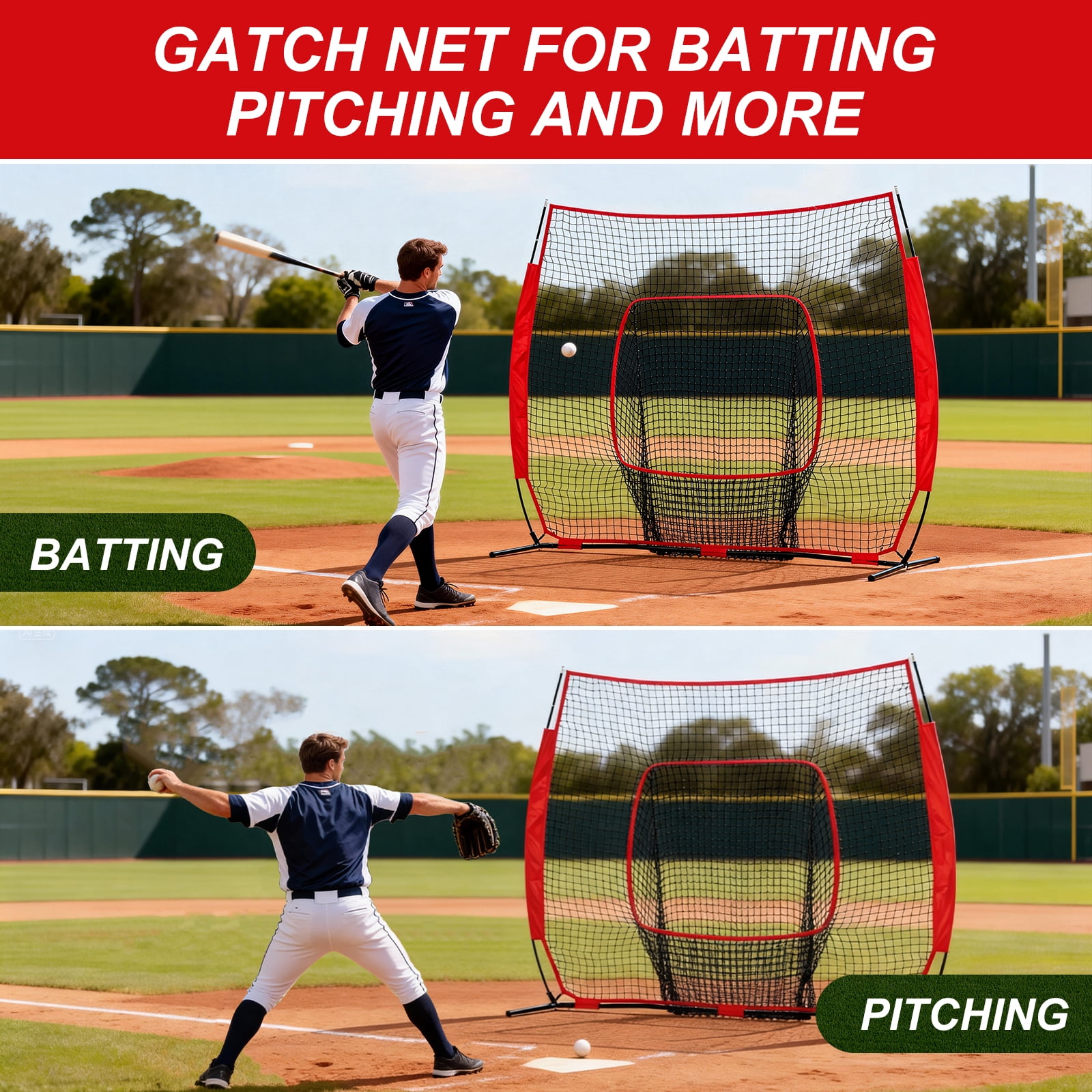 JIOABL 7 ft x 7 ft Baseball & Softball Practice Net with Bow Frame, Carry Bag & Strike Zone Target, for Hitting Pitching, Red