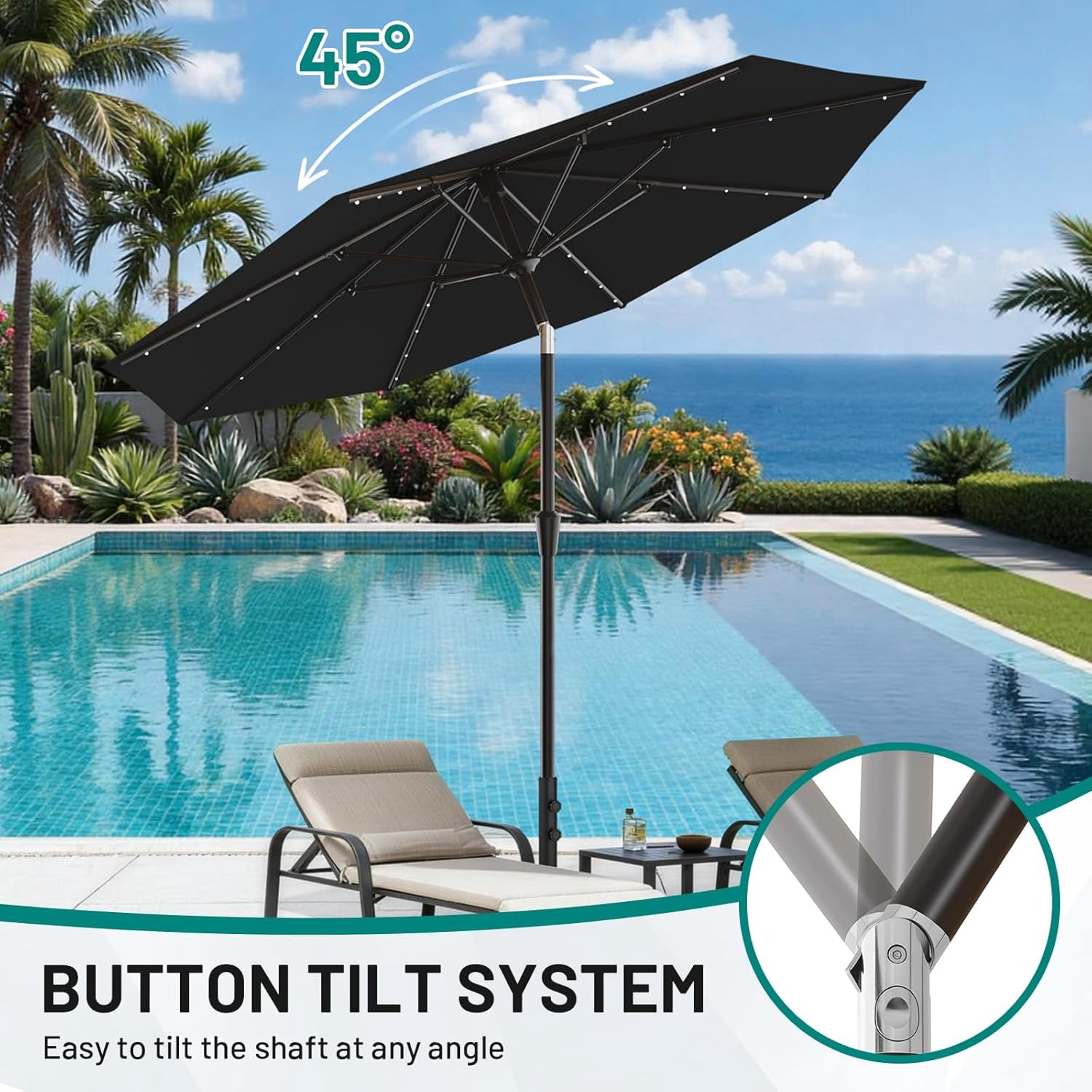 9FT Patio Umbrella with Solar Lights, 32 Lighted Pool Umbrella w/Tilt and Crank, Outdoor Market Solar Umbrellas for Garden, Deck, Backyard, Pool and Beach, Black