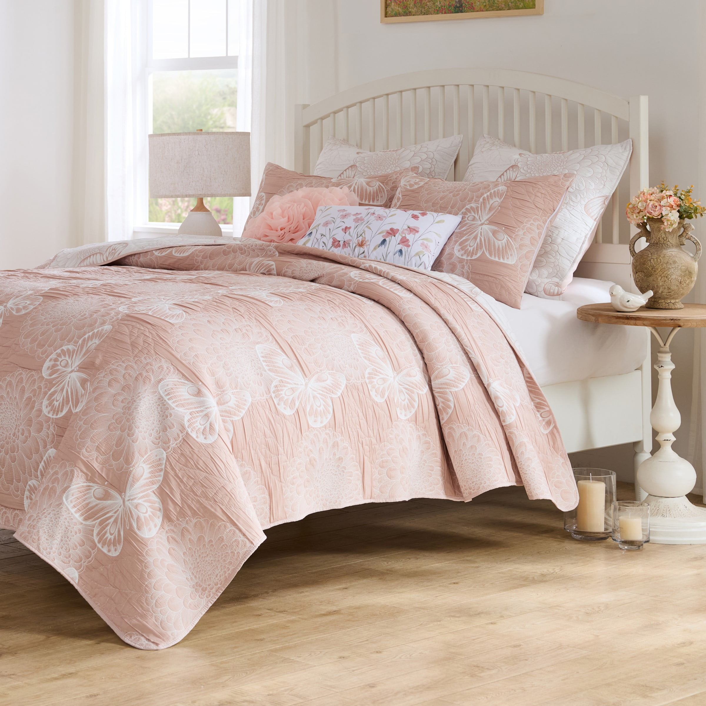 Greenland Home Fashions Mariposa Blossom and Butterfly Pink Matelassé Reversible Coverlet Set, 3-Piece King/Cal King
