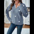 thumbnail image 4 of Suéter con Estampado de Corazones para Mujer, Cuello en V, Jersey de Punto con Ribete de Encaje Azul M, 4 of 10