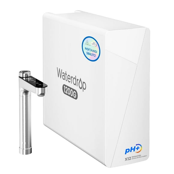 Waterdrop X12-Sistema de ósmosis inversa de pH+ mineral alcalino, certificado NSF/ANSI 42, 58 y 372, filtro de agua RO de 1200 GPD, sistema RO sin tanque de filtración de 11 etapas, 3:1 puro para dren
