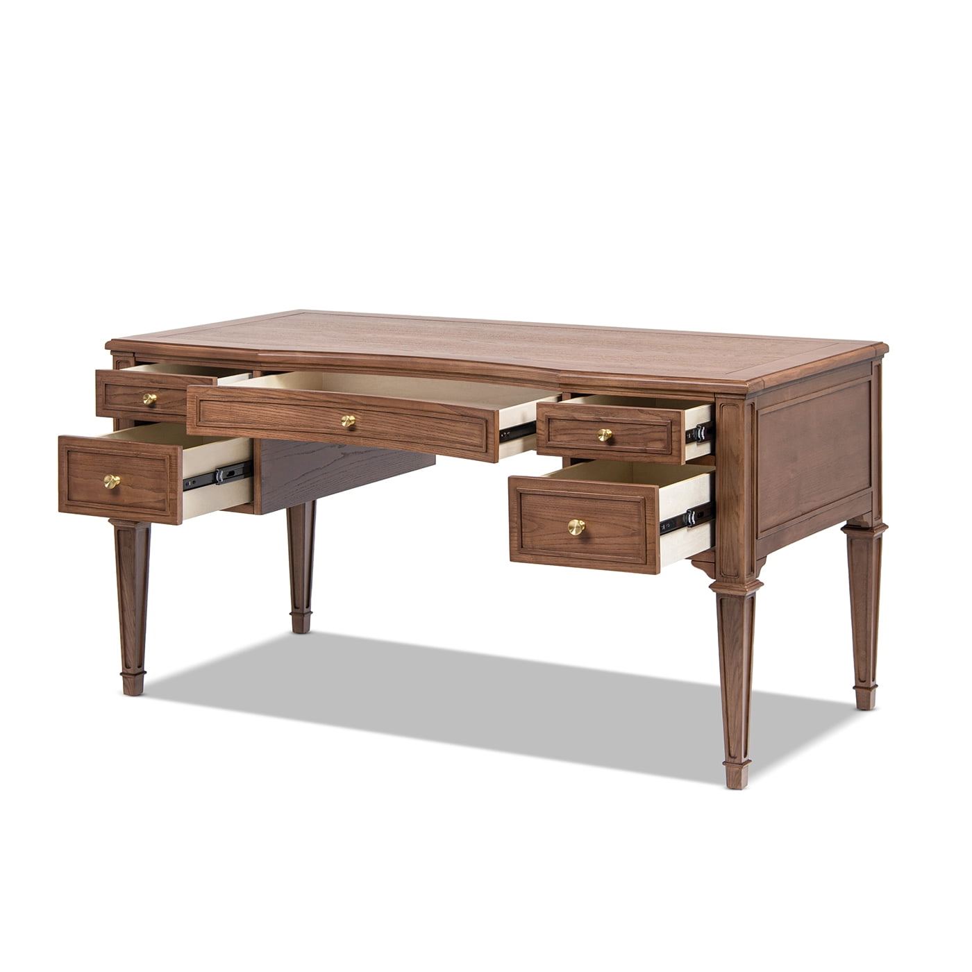 Dauphin Gold Accent 5-Drawer Wood Executive Desk, Brown Ash Wood & Veneer