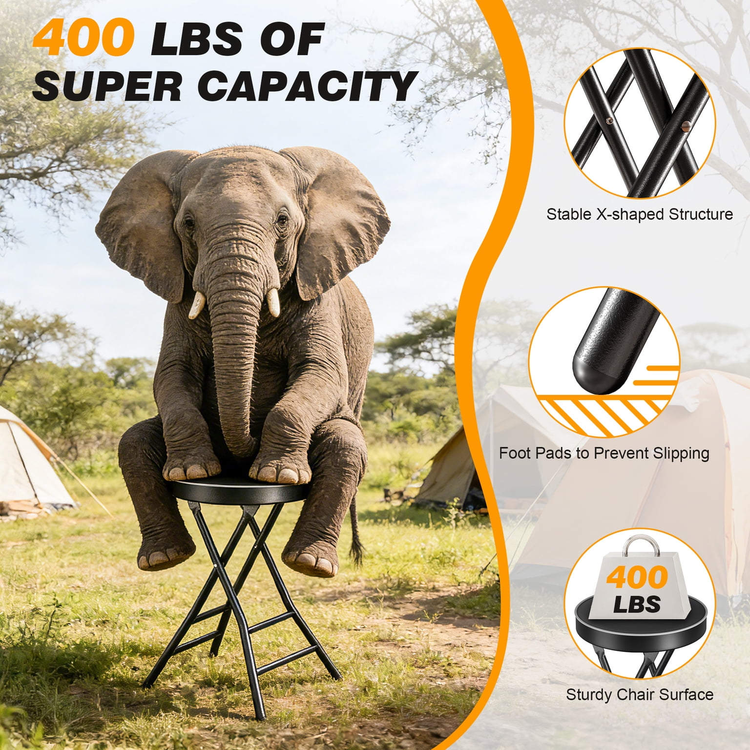 26 inch Height Folding Stool, 400 lbs Capacity, Faux Leather Seat for Outdoor, Camping