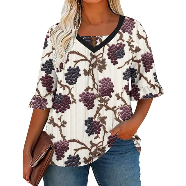 Camiseta Impresa Casual de Manga Corta de las Mujeres, Cuello en V de Manga de Cinco Cuartos con Pliegues en el Pecho, Camiseta de Estilo de Manga Larga de las Mujeres