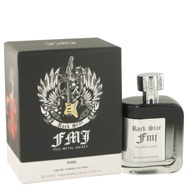 fmj rock star eau de toilette spray por yzy perfume Frasco y caja frontales; frasco rectangular de vidrio con tapa plateada y etiqueta blanca que dice "Rock Star Fmj" junto a caja negra con emblema de guitarra y alas y texto "FMJ Full Metal Jacket"; aroma diurno casual con notas de lavanda, limón y ámbar; a menudo usado como regalo masculino informal.