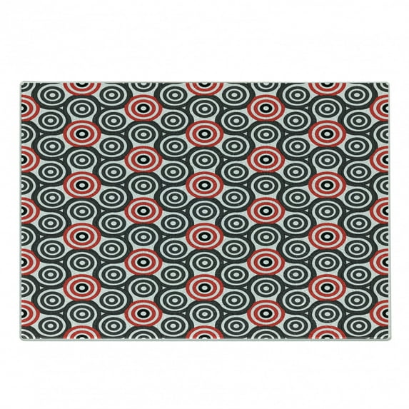 Geometric Circle Cutting Board, Interlace Spiral Labyrinth Blind Oval Linked Mosaic Image Print, Decorative Tempered Glass Cutting and Serving Board, Small Size, Red Black, by Ambesonne