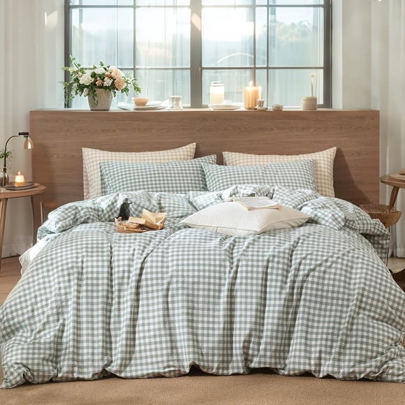 JOLUSERE 100% Organic Cotton Gingham Duvet Cover King Set, 3-Piece Linen Like Textured Breathable Soft Comforter Cover (Sage Green Gingham)