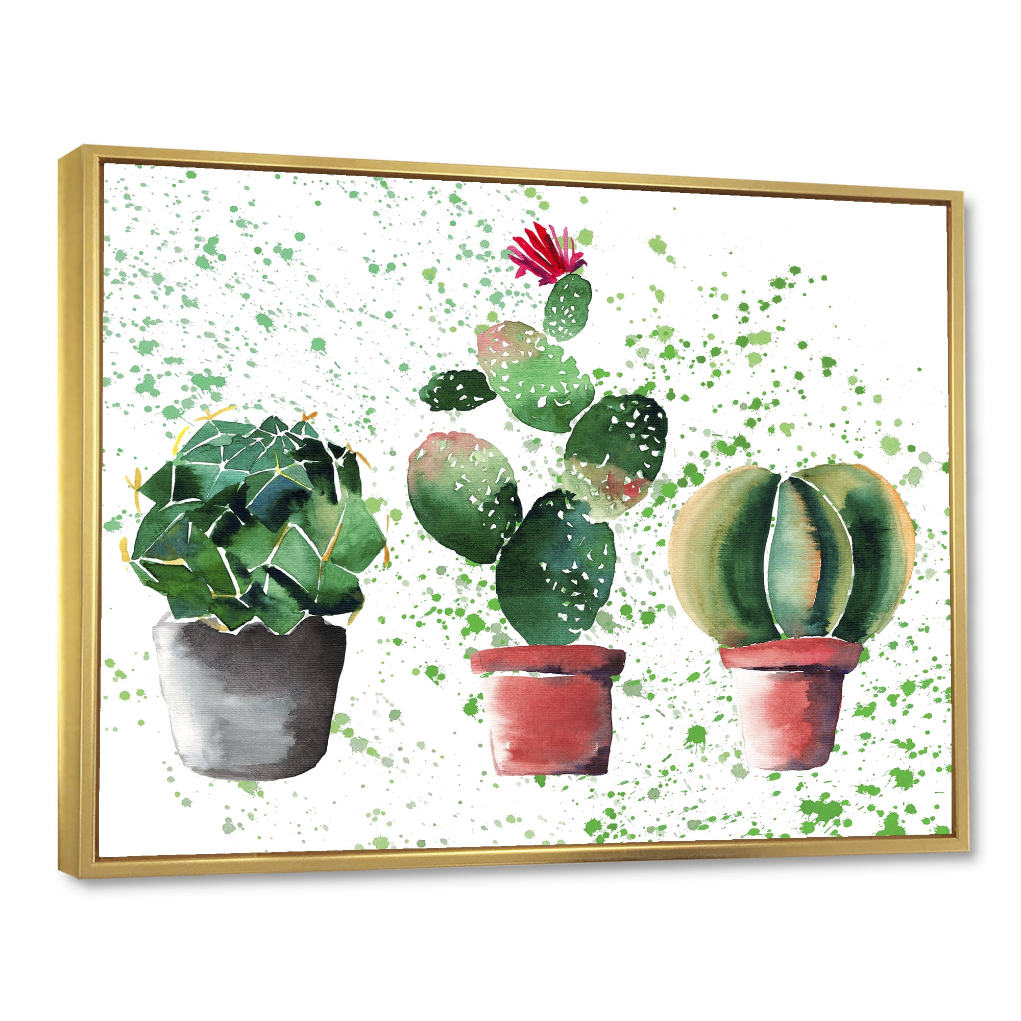 Three Cacti In Clay Pots With Green Dots 32 in x 24 in Framed Painting Canvas Art Print, by Designart