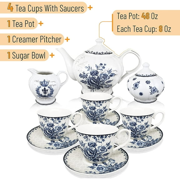 BTäT - Tea Set, China Tea Set, Tea Service, Tea Cups (8oz), Creamer and Sugar Set, Tea Cups and Saucer Set, Tea Pot, Tea Set for Adults, Tea Cups Set of 4, Blue Tea Set, Porcelain Tea Set, Cups
