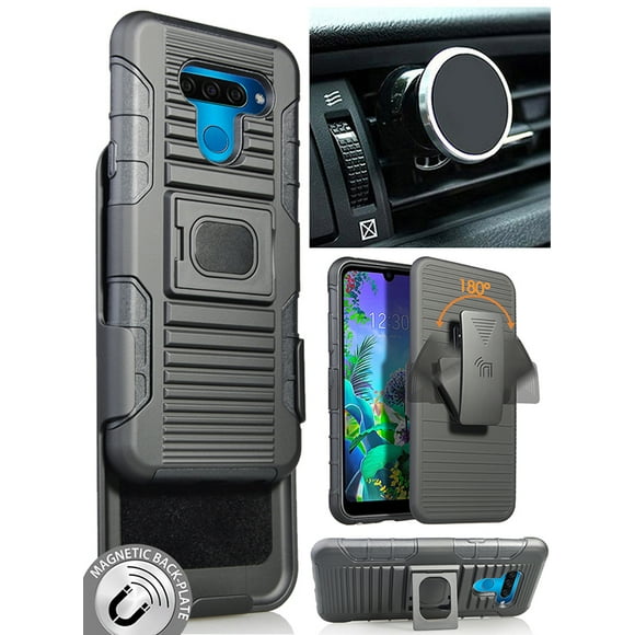 Case/Mount/Clip for LG K50/Q60, Nakedcellphone Black Ring Grip [Rugged Cover with Stand] + [Belt Hip Holster] + [Magnetic Car Holder] for LG K50, LG Q60 (2019)