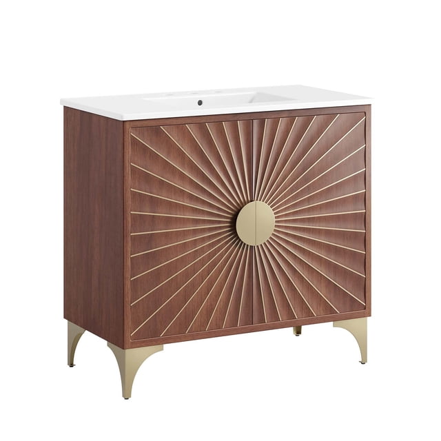 Pemberly Row 36" Solid Mango Wood Bathroom Vanity in White/Walnut