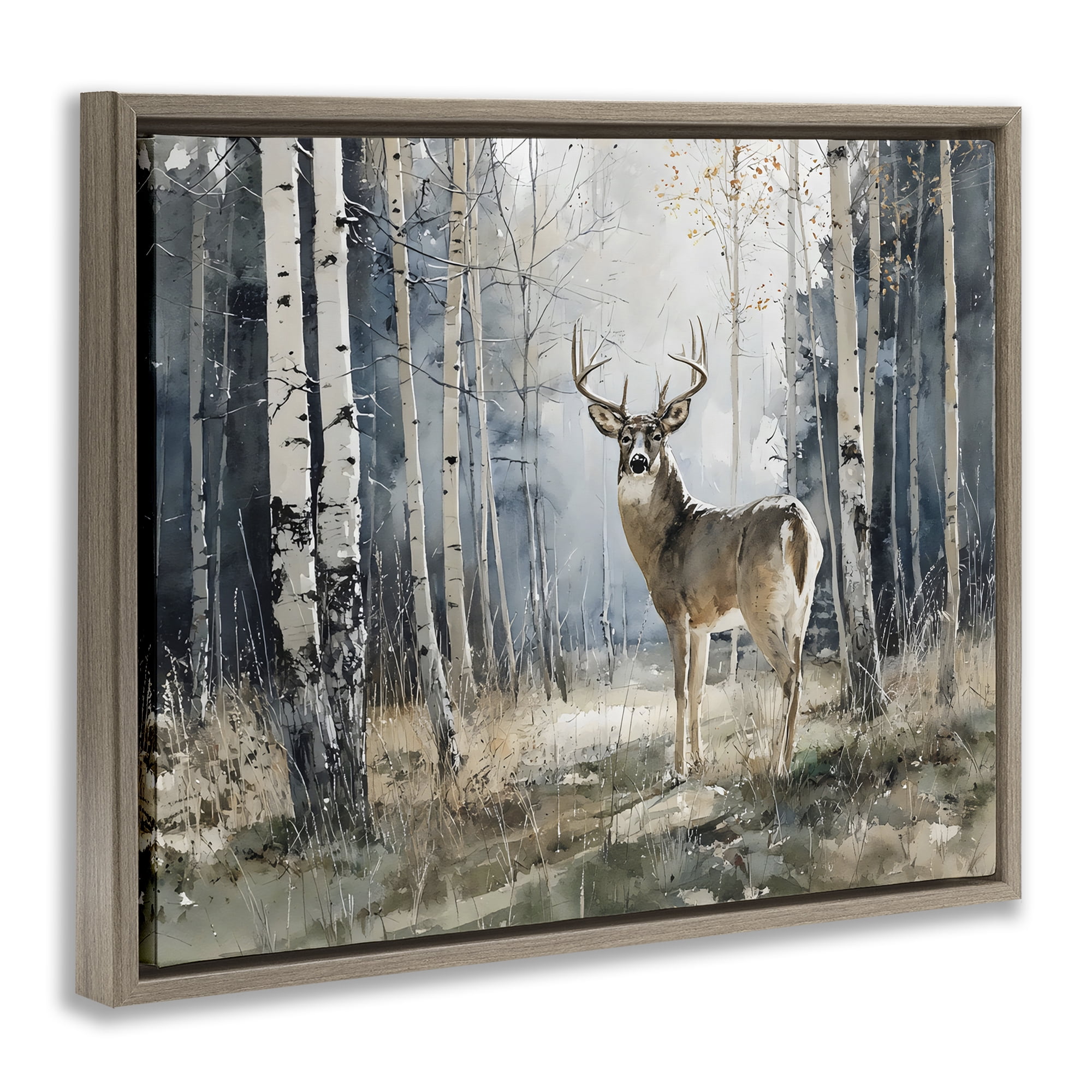 Stupell Industries Lone Stag in Birch Forest Brown Framed Floater Canvas Wall Art, design by Franklyn Gregory