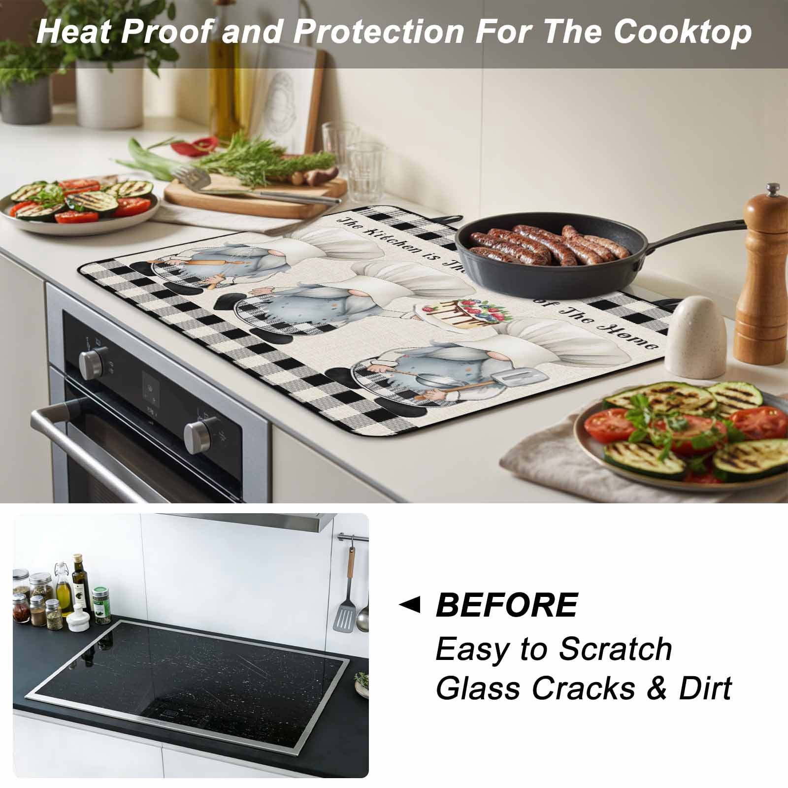 Chef Gnomes Stove Top Cover for Electric Stove, Heat-proof & Non Slip Glass Top Stove Cover Protector, Black Grey Plaid Cake Cook Dessert Burlap Kitchen Flat Cooktop Rubber Mat 24x21 Inches