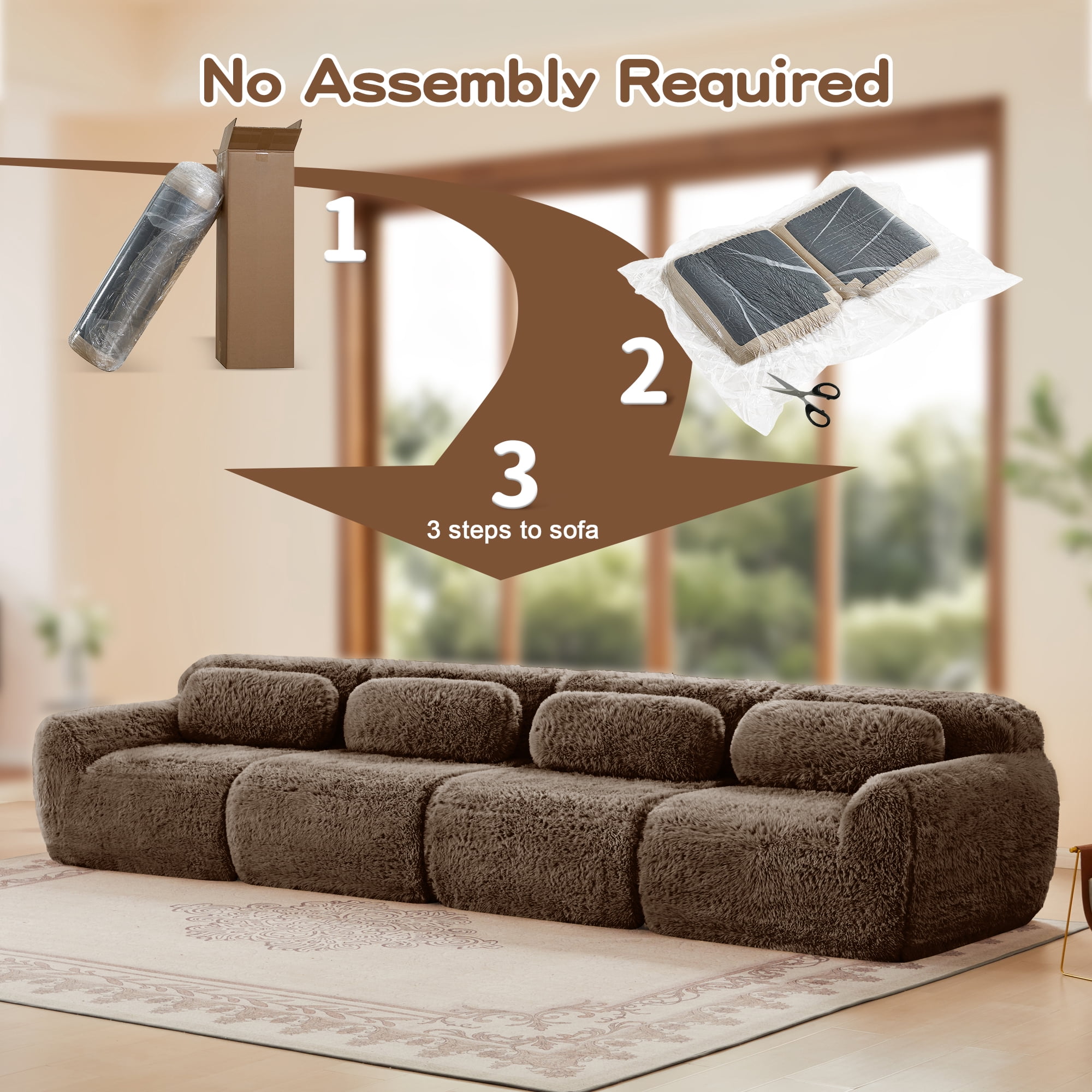 MAYEERTY 149" Plush Boneless Sofa, Chocolate 32D Foam Ergonomic Vacuum Compression Buckle Connection Free Combination Couch for Bedroom Study