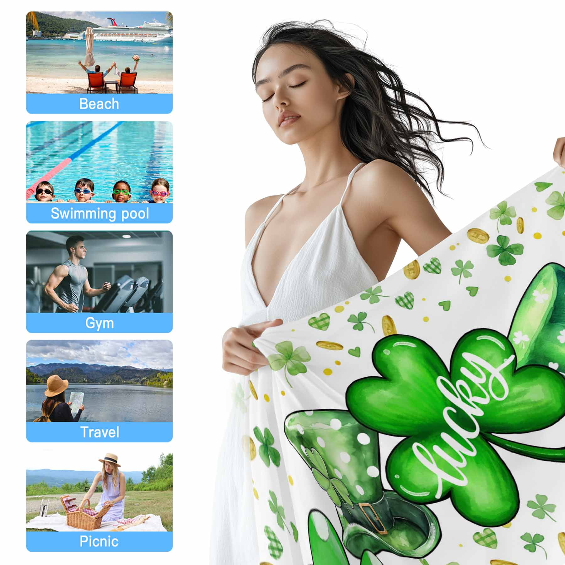 St. Patrick's Day Beach Towels Blanket Soft&Absorbent Quick Dry Microfiber Green Lucky Shamrocks Hat Pool Towels for Swimming ,Yoga, Sports, Gym, Camping,Large 35X70in, Gold Coin