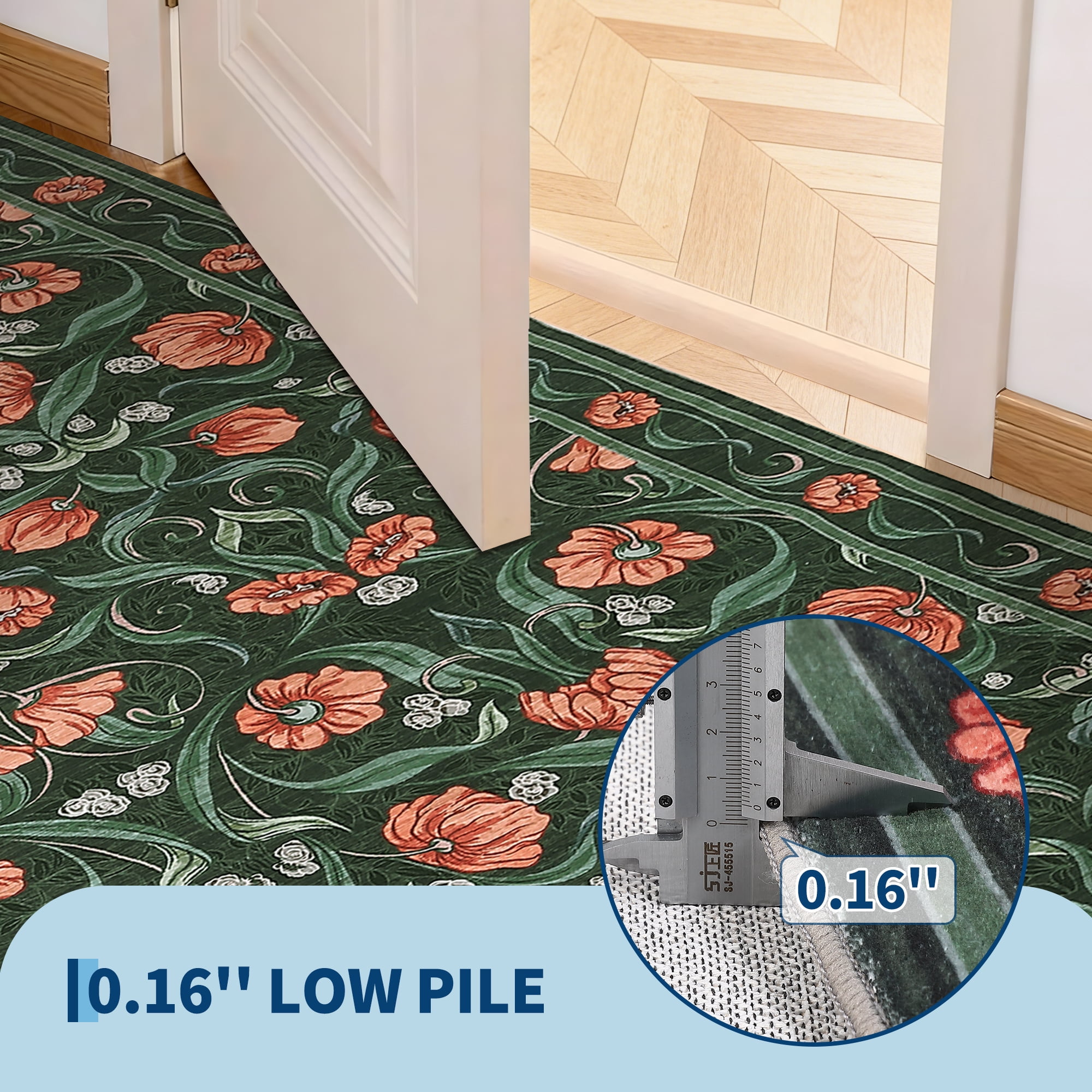 Memoryfield Modern Floral Area Rug 6' x 9', Washable Floor Cover, Soft Low-Pile Non-Slip Carpet, for Living Room Bedroom Dining Room, Dark Green