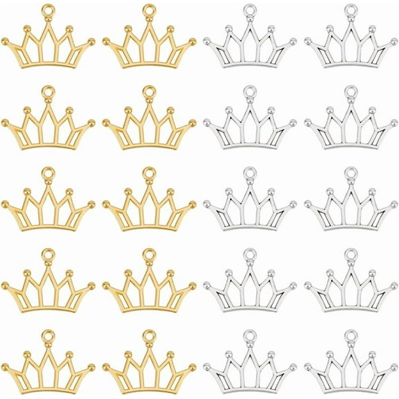 1 Box 100Pcs 2 Colors Crown Charm Gold and Silver Charms Bulk Metal Alloy Tiara Hollow Simple Queen King Crowns Charm for Jewelry Making Charms DIY Keychain Bracelet Earrings Necklace Crafts