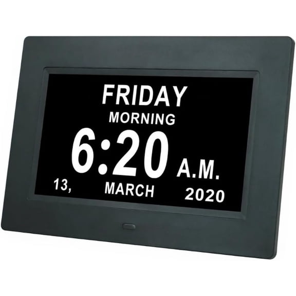 7" Large Display Digital Clock with Detailed Time & Date, Multiple Alarm Reminders, 8 Language Options, Memory Loss Aid for Alzheimer's & Dementia Seniors (Black)