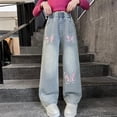 thumbnail image 2 of Girls Fashionable Embroidered Denim Jeans With Decorative Bow Detail Comfortable Straight And Wide Leg Trousers For Casual Wear, 2 of 8