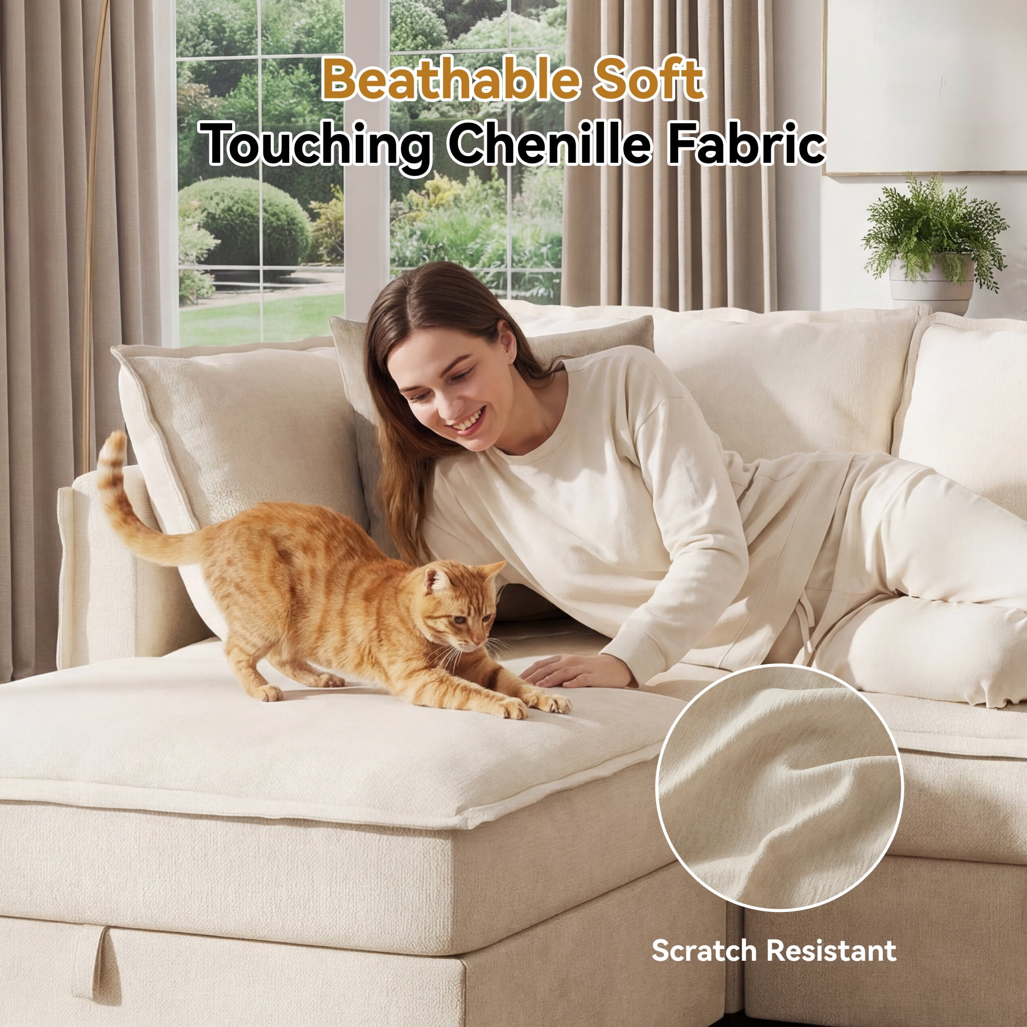 BedLuxury 97" Modular Sectional Sofa with Storage, U-Shaped Modern Sofa Couch with Movable Ottomans for Living Room, Office, Beige