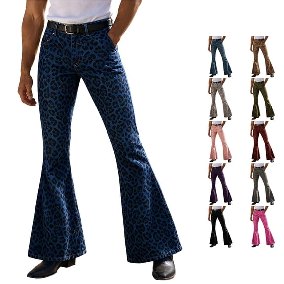 RUTAYY Men's Casual Pants Leopard Print Button Closure Front Multi Side Pockets Flared Full Length Daily Trousers Dark Blue
