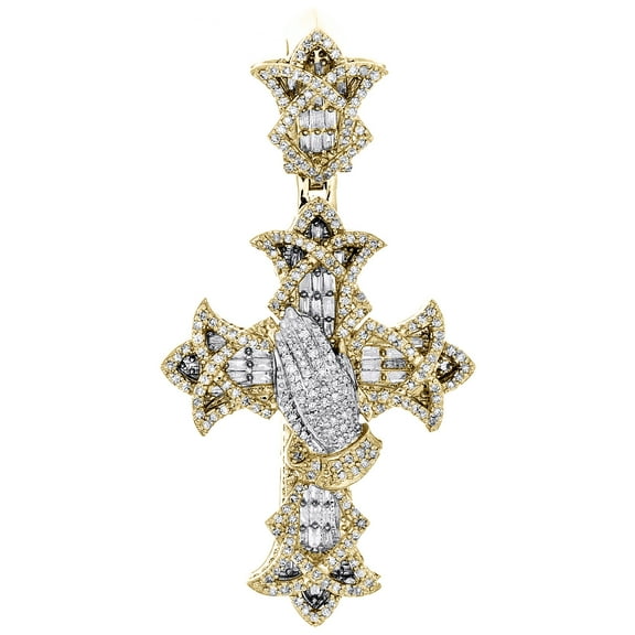 10K Yellow Gold Round & Baguette Diamond Praying Hand Cross Pendant Charm 1.2 CT