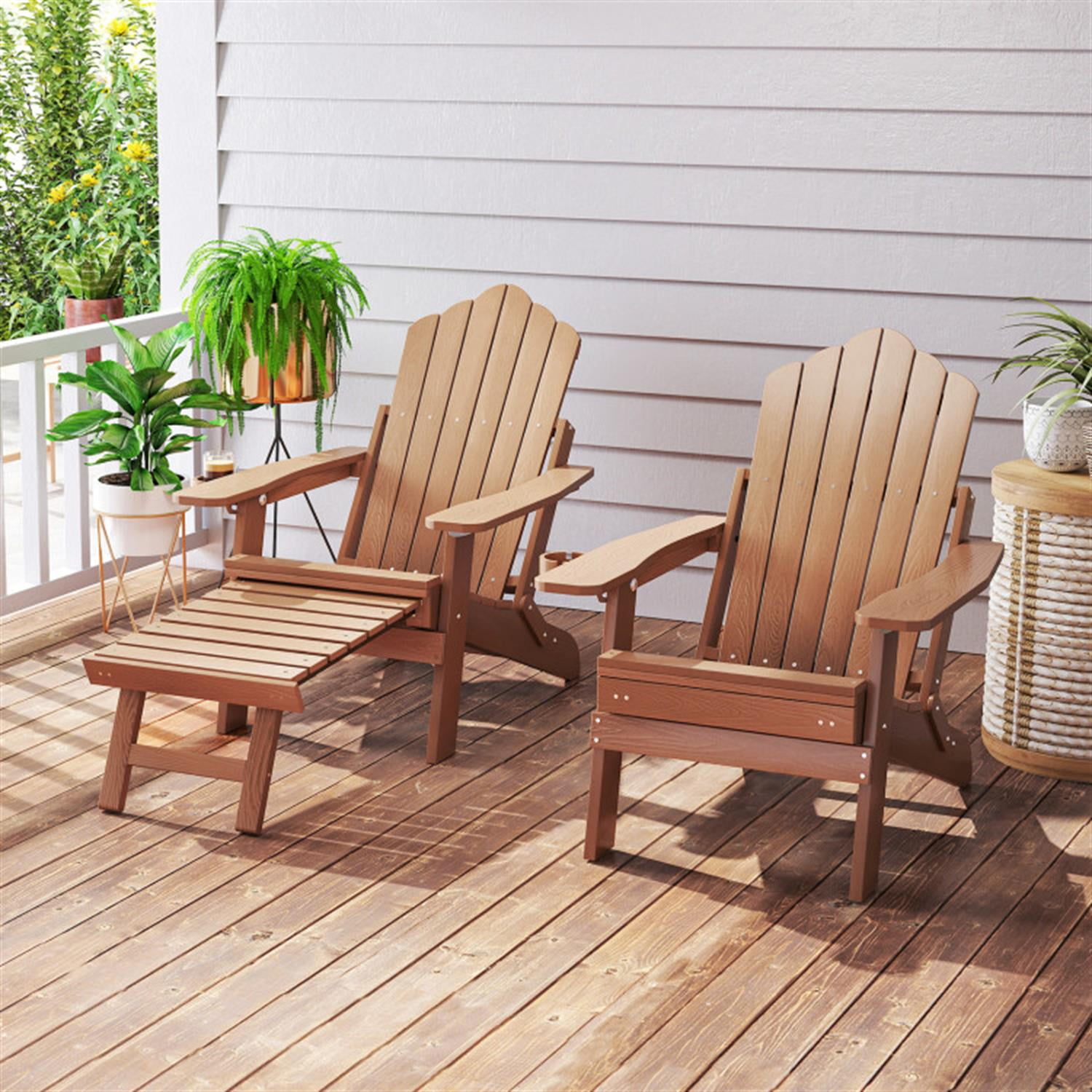 Demi Bonn All-Weather HIPS Patio Adirondack Lounge Chair with Retractable Footrest, Outdoor Accent Furniture Lounge Chairs for Yard, Garden, Brown