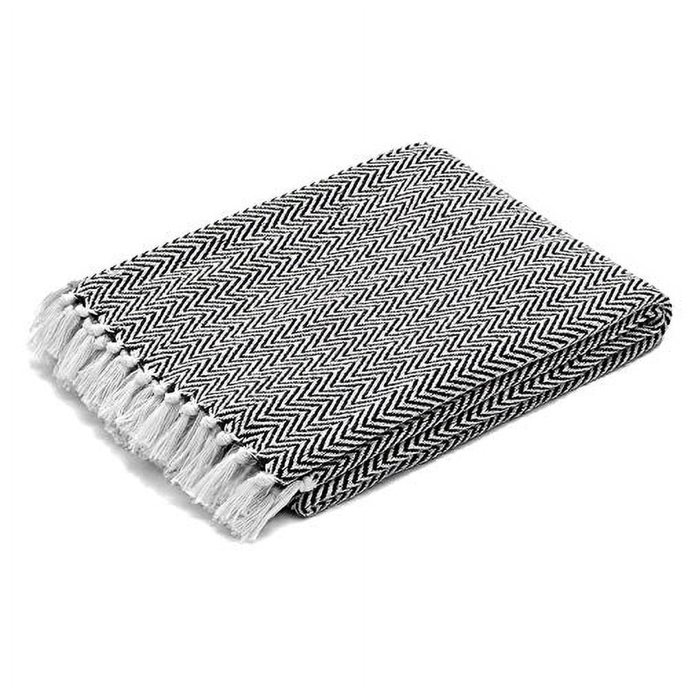 Americanflat 50x60 Throw Blanket, 100% Cotton with Fringe, Black and White Herringbone, all seasons blanket