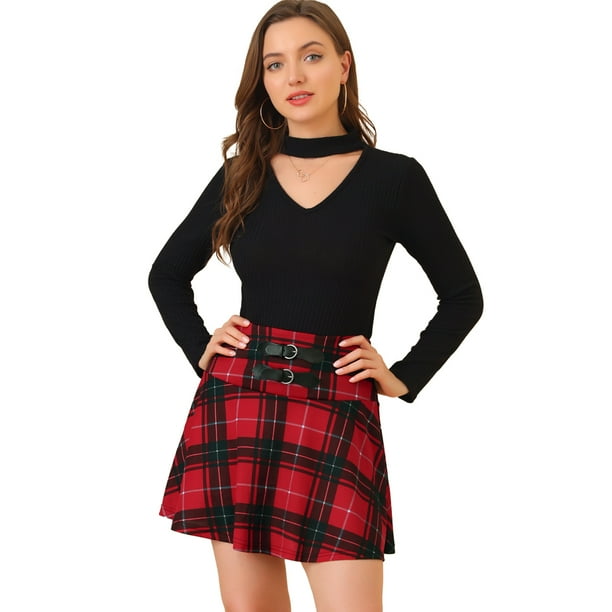 INSPIRE CHIC Faldas de tartán de cintura alta para mujer, minifalda a cuadros con hebilla en la cintura rojo XS