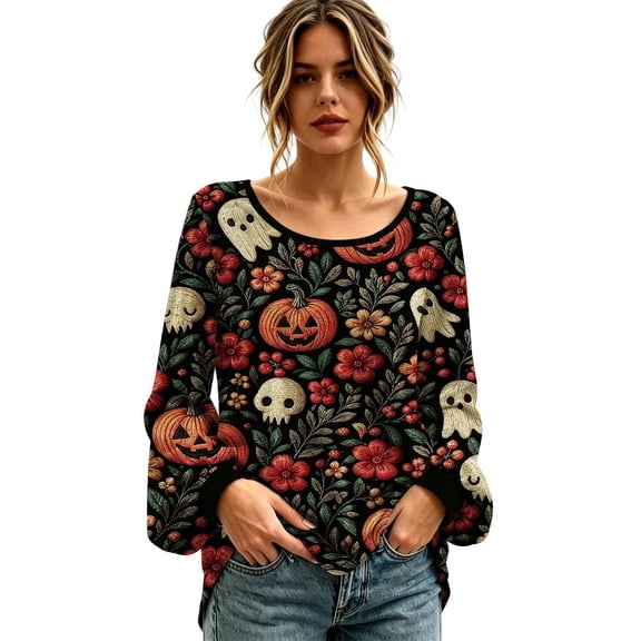 Stamzod Blouses for Women Fall Fashion Halloween Printed Long Sleeve Tops Dressy Casual Shirts