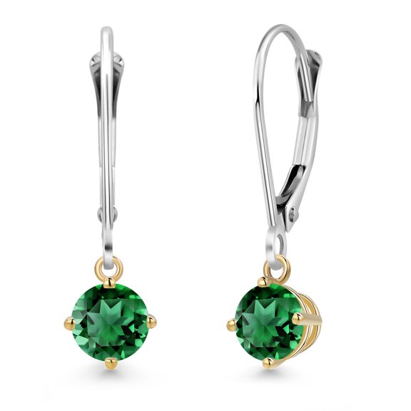 Gem Stone King 925 Silver and 10K Yellow Gold Green Nano Emerald Dangle Earrings for Women | 0.80 Cttw | Gemstone May Birthstone | Round 4.5MM