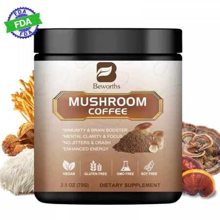 BW Mushroom Coffee Powder Supplement, Lions Mane Mushroom Powder Instant Coffee, Boost Brain Focus & Immune Function, 2.5 oz (70g)