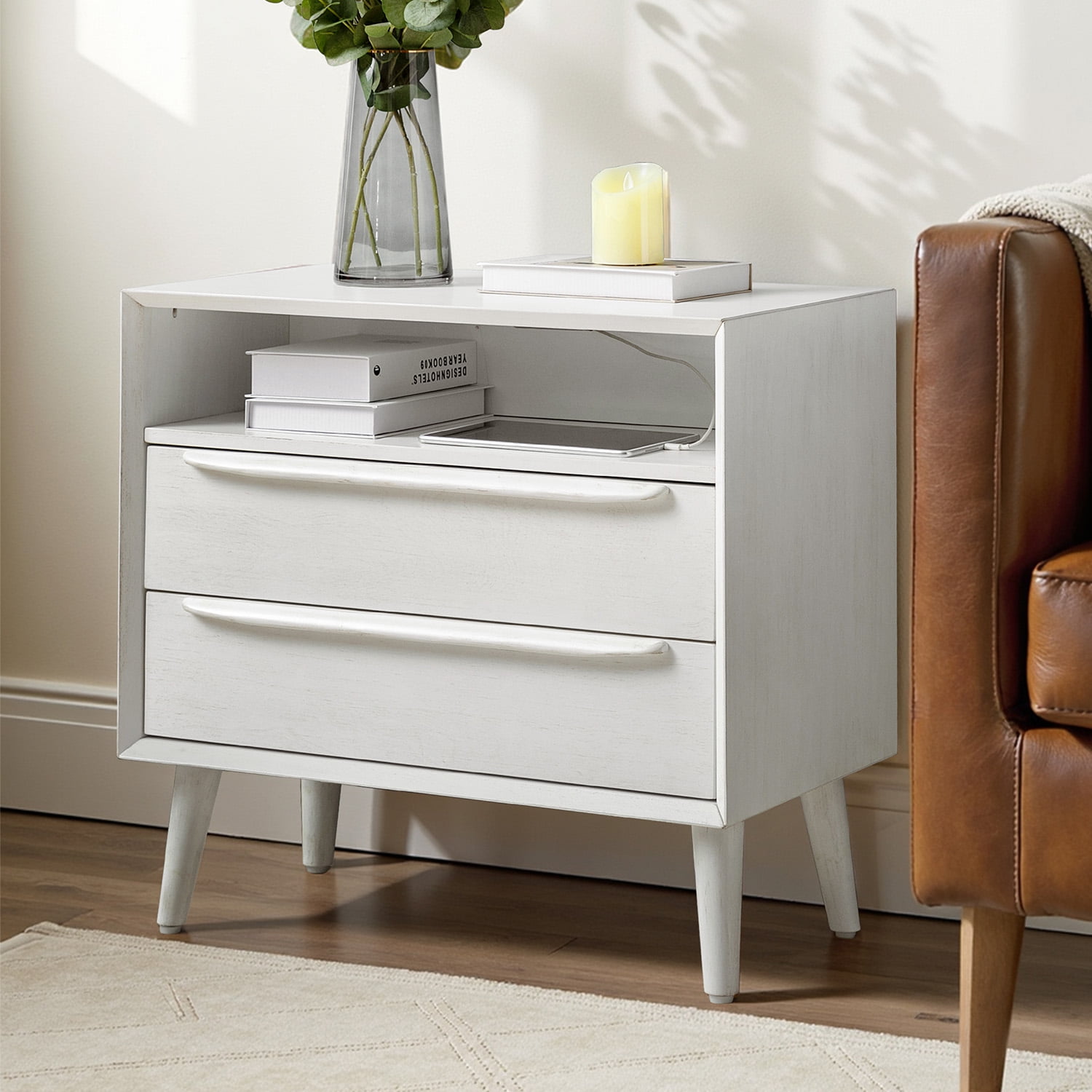 26" Tall 2-drawer End Table with Charging Station Table for Living Room White