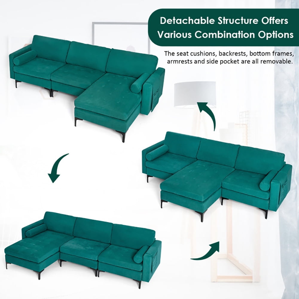 Finihen L-shaped Sectional Sofa Couch, Modular L-shaped 3-Seat Sectional Sofa with Reversible Chaise and 2 USB Ports, for Living Room, Teal Finihen L-shaped Sectional Sofa Couch, Modular L-shaped 3-Seat Sectional Sofa with Reversible Chaise and 2 USB Ports, for Living Room, Teal