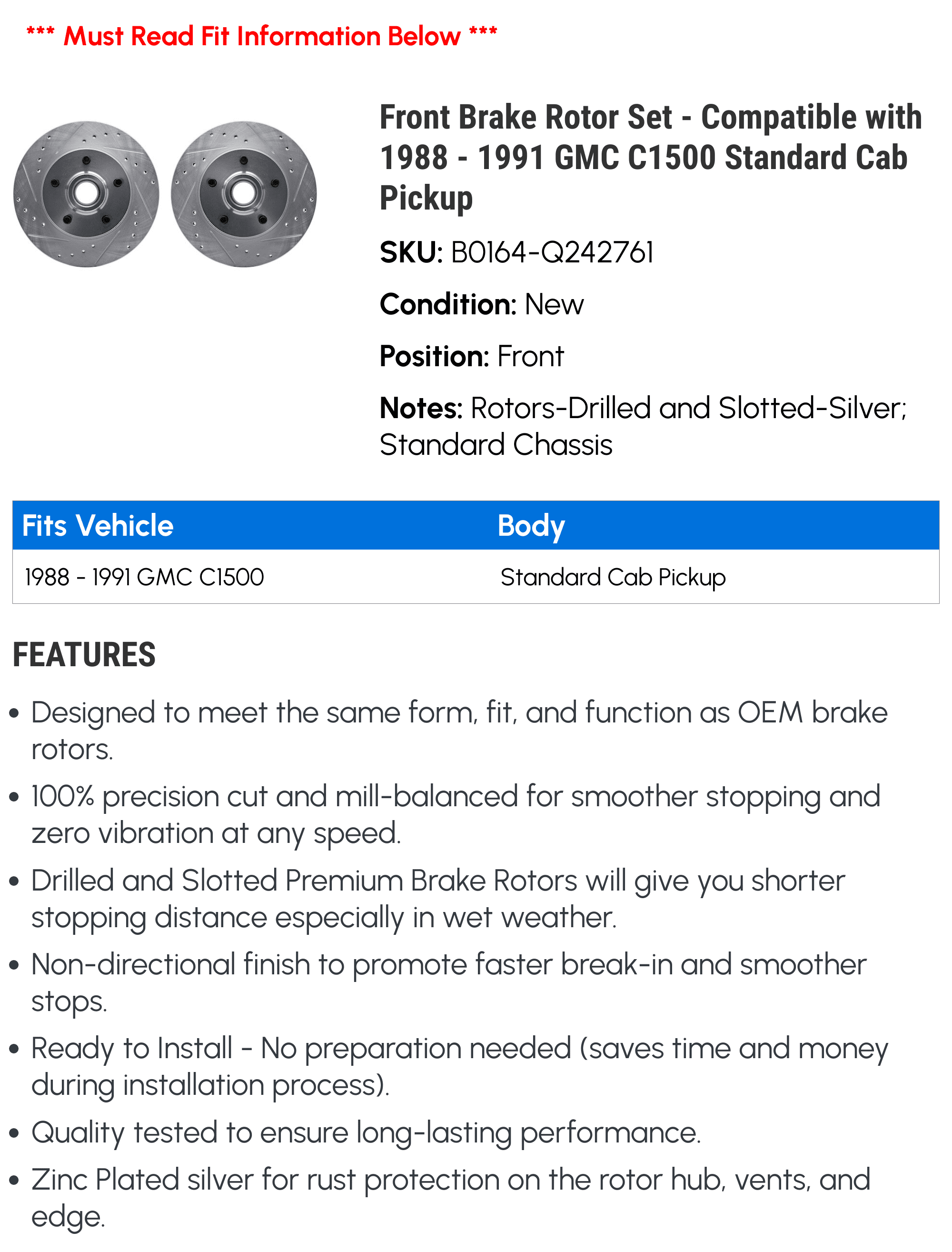 Front Brake Rotor Set - Compatible with 1988 - 1991 GMC C1500 Standard Cab Pickup - Dynamic Friction