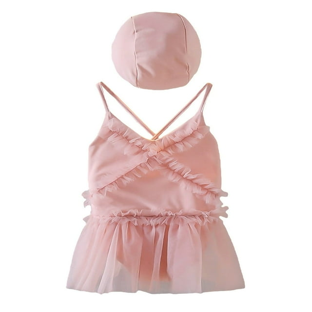 Kids Girls Bikini Set Solid/Strawberry Print Swimsuit + Swimming Cap