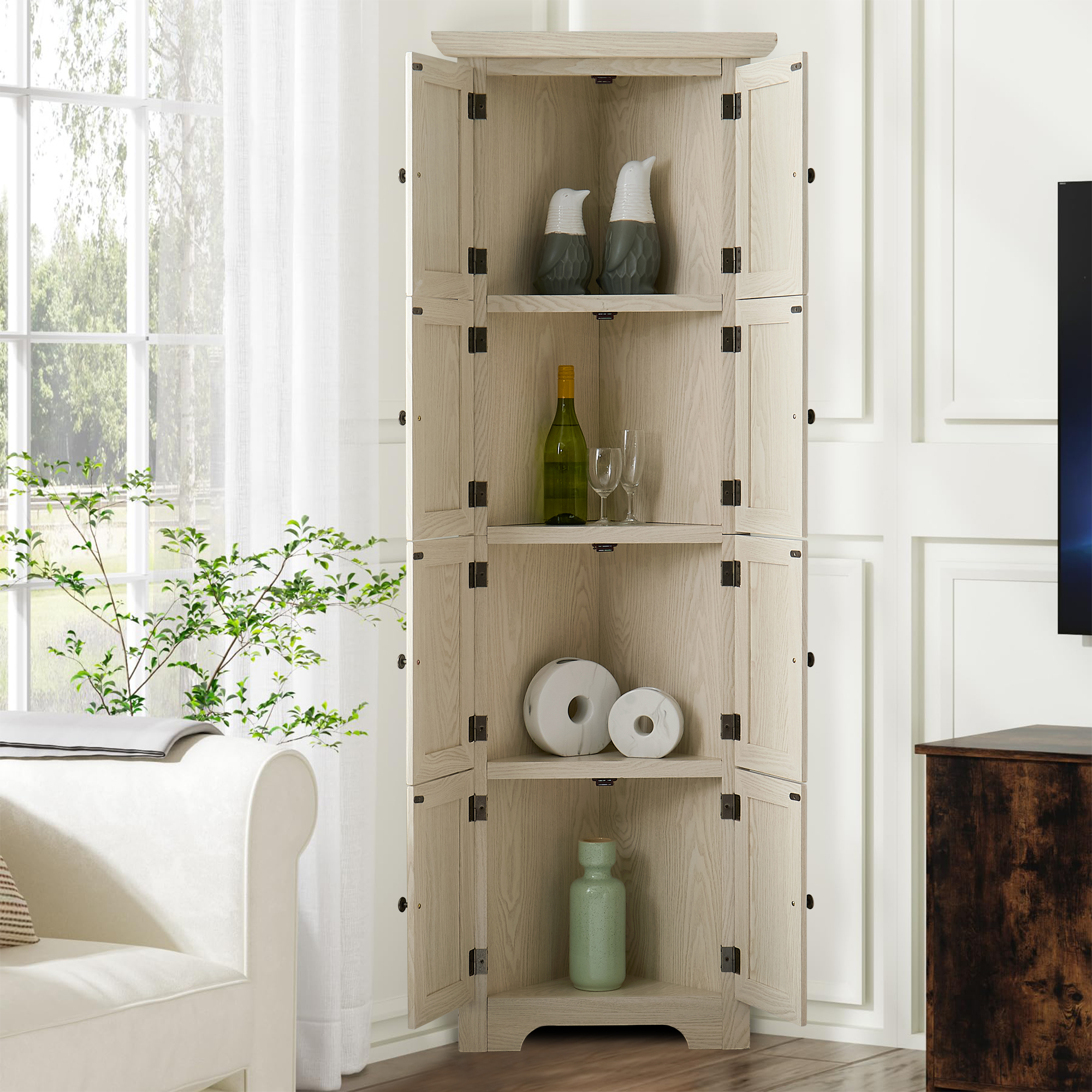 MDQMD 72'' Tall White Corner Storage Cabinet with Doors for Living Room,4 Tier Wood Pantry Cabinet for Kitchen,Freestanding Cabinet for Bathroom