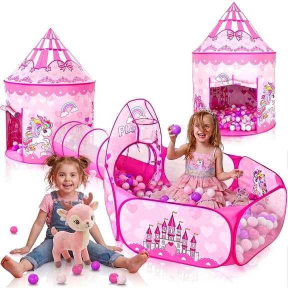 Taotique 3Pcs Princess Tent for Girls, Kids Play Tent with Ball Pit and Crawl Tunnel, Pop Up Playhouse Indoor& Outdoor Toys for Toddlers, Pink