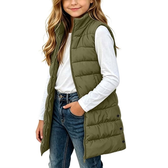 OGLCCG Long Puffer Vest Girls Sleeveless Quilted Warm Coat Gilet Jacket Fall Winter Zip Up Padded Outerwear with Pockets(Army Green,7-8 Years)