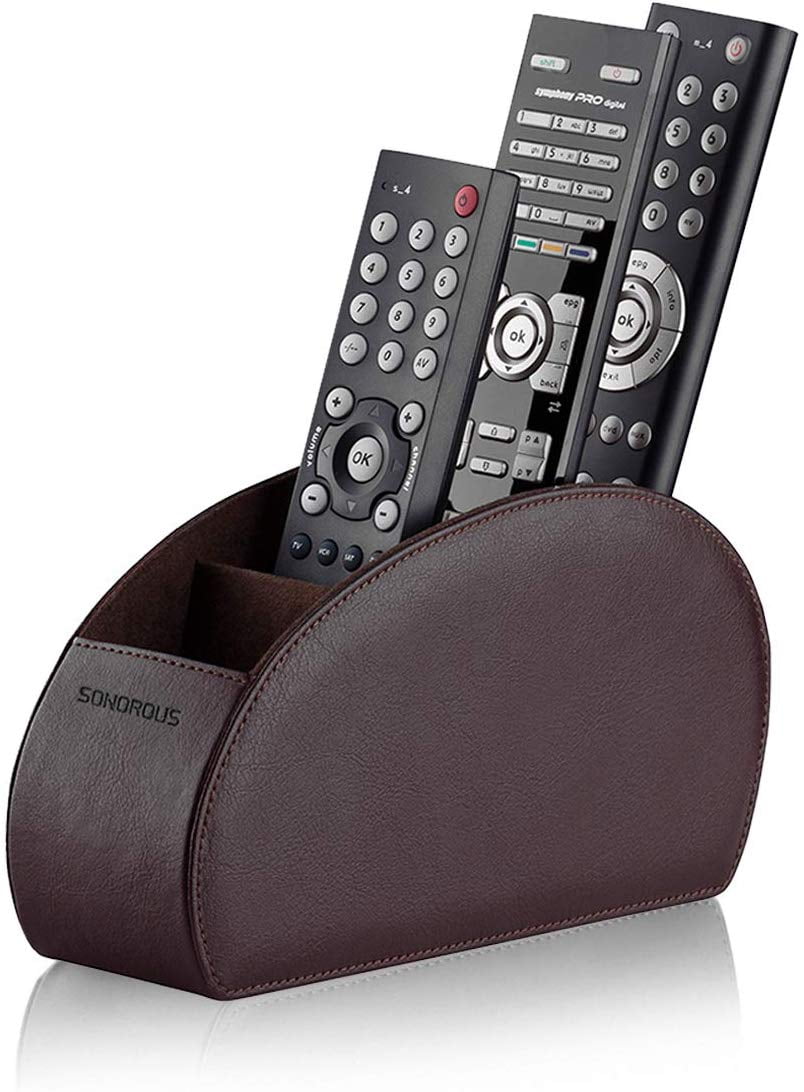 Heater Controllers Media Player DVD Pencil KINGFOM Remote Control Holder with 3 Compartments Pu Leather Remote Caddy Desktop Organizer Store Brush CD Blu-Ray TV Guide Brown 