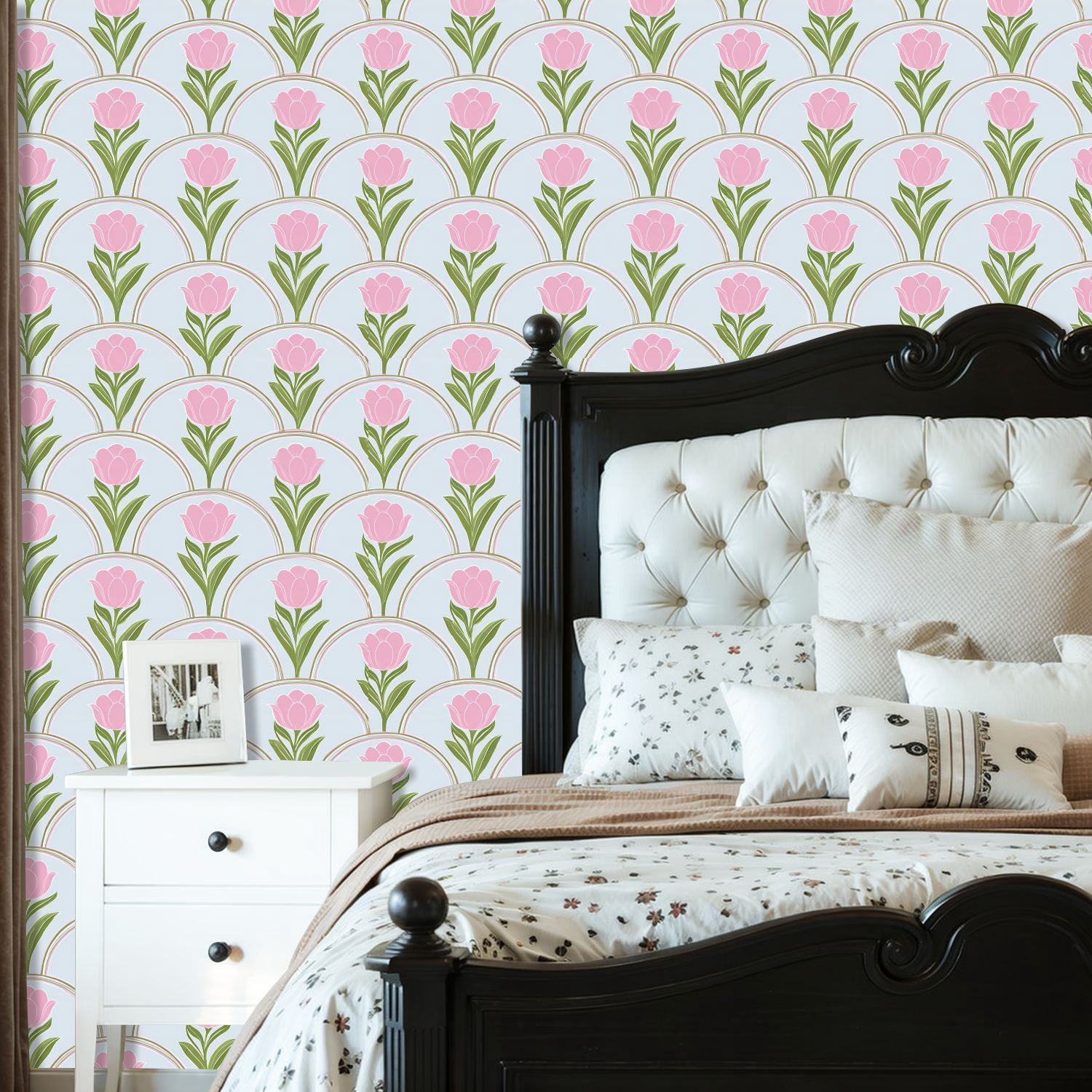 Peel and Stick Wallpaper Pink Tulip Floral Arches Blue Wall Mural 23.6in x 9.8ft Self Adhesive Removable Wall Paper Renter Friendly Wallpaper for Nursery Bedroom Cabinets