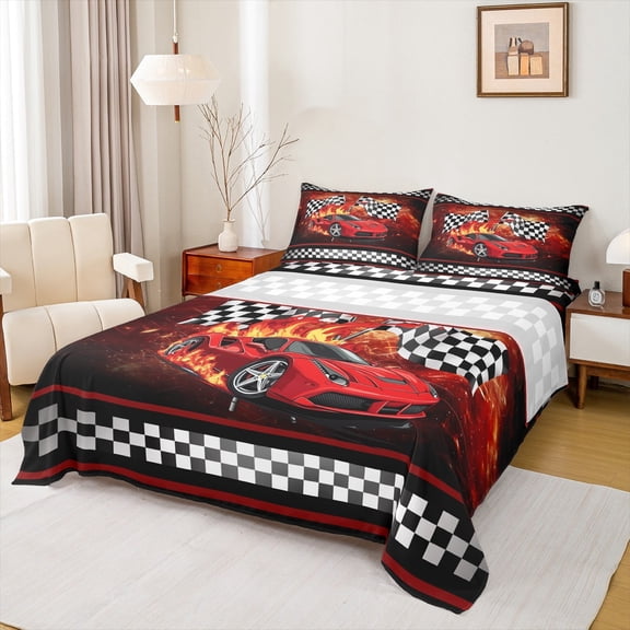 Manfei Speed Sport Bed Sheets Set Queen Size, Racing Car Bed Sheets Queen, Teenager Boys Girls Bedding Queen Size, Super Cozy Bedroom Decorative, 4pcs