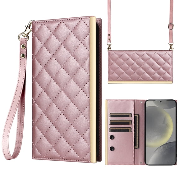 Desugned For Samsung Galaxy S24 FE Wallet Phone Case,With Suction Cup Fastener,Flip Folding Kickstand,With Card Slots,Wrist Strap&Shoulder Strap,Shockproof PU Leather Phone Case,Rosegold