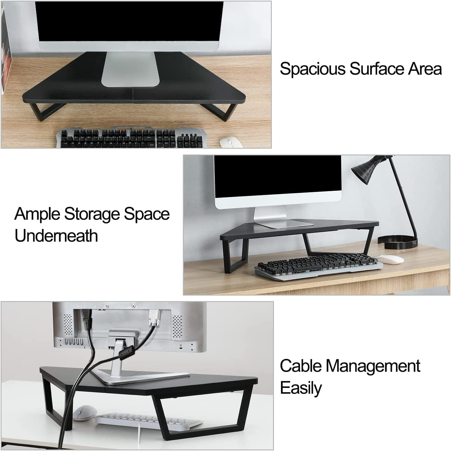 26 inch Triangle Monitor Stand Riser, Desktop Corner Shelf with Metal Leg Wood Computer Stand with Storage Laptop Riser Office Organization