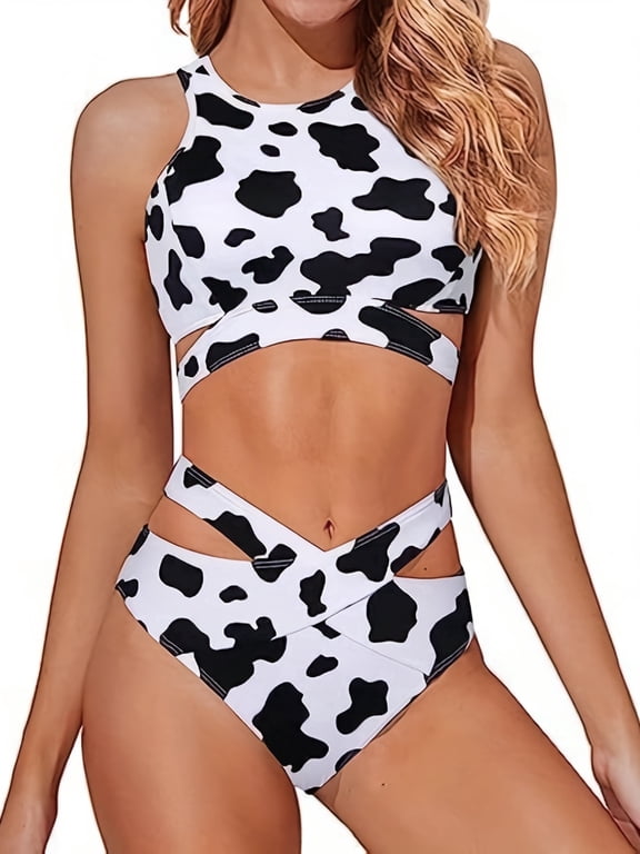 Womens High Neck Swimsuit Bikini Set Cow Print Criss Cross Wrap Zipper Back Two Piece Bathing Suit