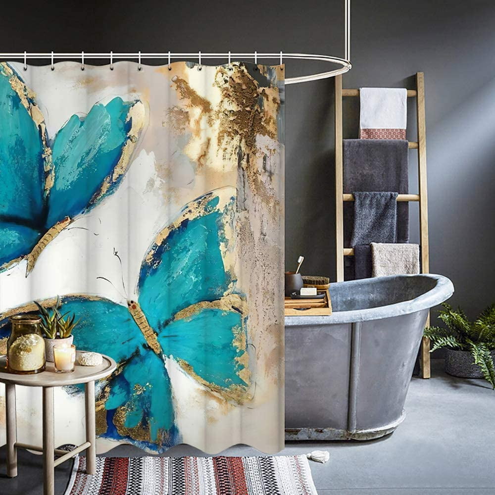 Teal Butterfly Shower Curtain Set with 12 Hooks, Decorative Shower Curtain Modern Bathroom Accessories, Machine Washable 72x72