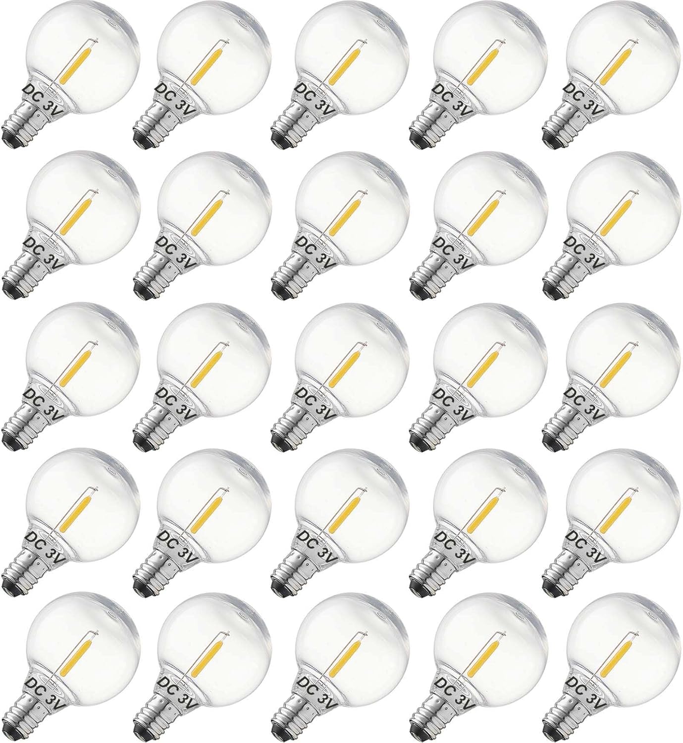 FEFEFW-DC 3V Low Voltage,Solar String Light Bulbs,Only for 3V DC, Burn Out at 120V, Shatterproof Waterproof E12 G40 LED Bulbs,Warm White 25 Pack.